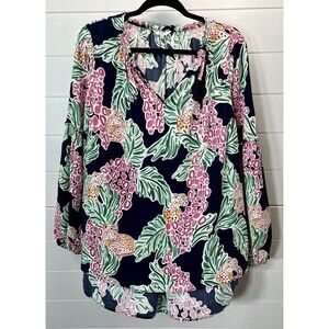 Crown & Ivy Women Large Top Tunic Leopard Floral Long Sleeve V Neck Boho Peasant